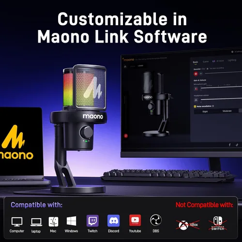 Vista 6 de MAONO Micrófono inalámbrico para PC, micrófono condensador de transmisión de juegos con cambio de voz AI de software, cancelación de ruido de 3