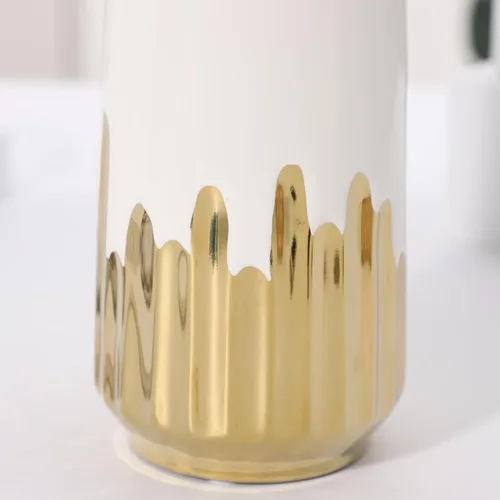 Vista 8 de Jarrón grande de cerámica blanca con detalles chapados en oro de 11 pulgadas de alto, florero decorativo para sala de estar, decoración moderna