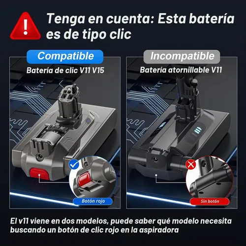 Vista 2 de Reemplazo de batería V11 de 8000 mAh compatible con Dyson V15 Botón Click in Installation Style Battery V11
