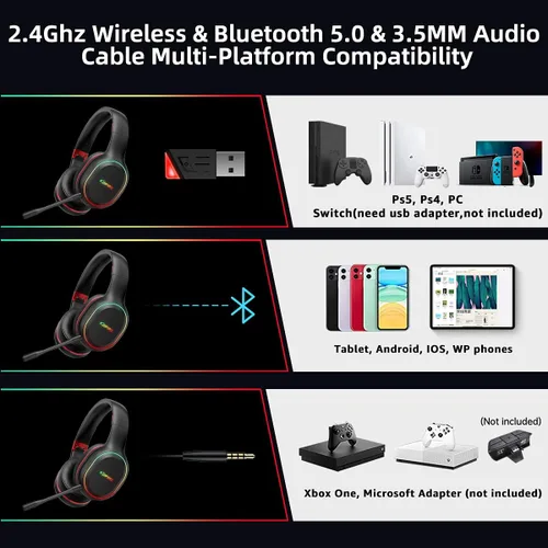 Vista 6 de Auriculares inalámbricos para juegos de 2.4 GHzBluetooth para PC, laptop, PS5, PS4, Nintendo Switch, Dynamic EQ ultra baja latencia Bluetooth