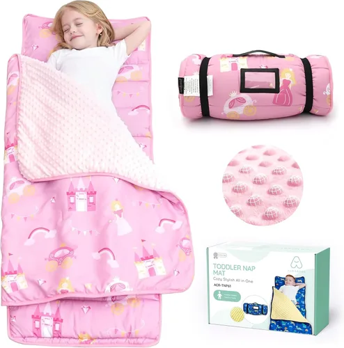 Vista 17 de ACRABROS Tapete para siesta para niños pequeños con almohada y manta, grandes alfombrillas enrolladas para siestas, bolsas de dormir para niños