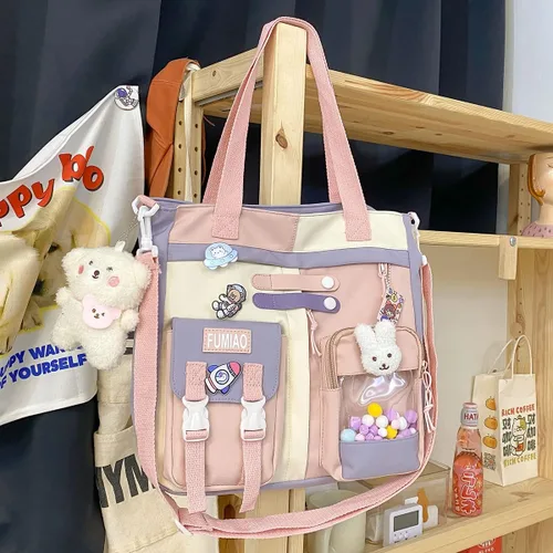 Vista 5 de Bolso bandolera estético con pines Kawaii y colgante para mujer, lindo bolso cruzado de hombro, bolso casual