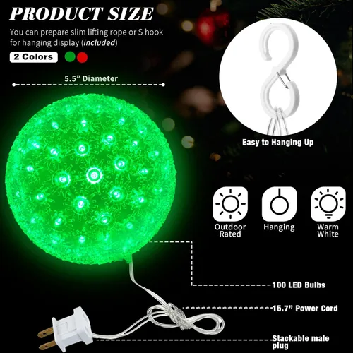 Vista 2 de Baquler 12 Adornos de Bolas de Luz Estelar de Navidad, Luces Esféricas Colgantes de 6" con 100 LED con Enchufe Apilable y Gancho en S