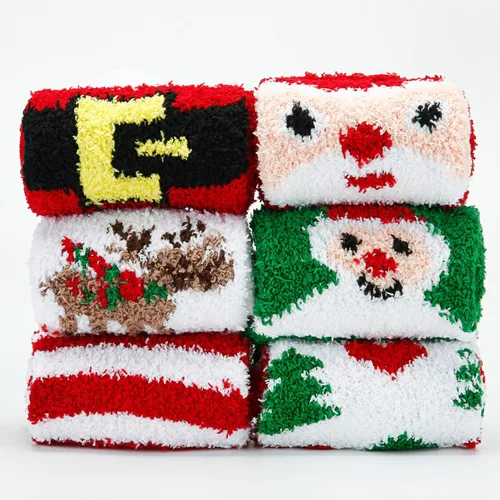 Vista 4 de 6 pares de calcetines de Navidad mullidos para mujer, calcetines de Navidad, calcetines cálidos de regalo de invierno, Multicolorido