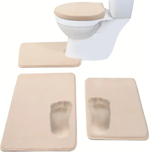 Vista 2 de Madeals Juego de 4 alfombrillas de baño de espuma viscoelástica con tapa de inodoro y alfombra combinada, color beige