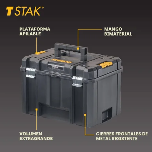 Vista 2 de Caja de herramientas DEWALT TSTAK, diseño extra grande, bandeja extraíble para fácil acceso a las herramientas, resistente al agua y a los escombros
