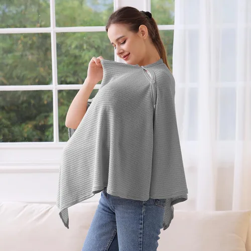 Vista 2 de Funda de lactancia de punto para lactancia materna, transpirable y suave, cuello ancho con elástico para una fácil visión (gris)