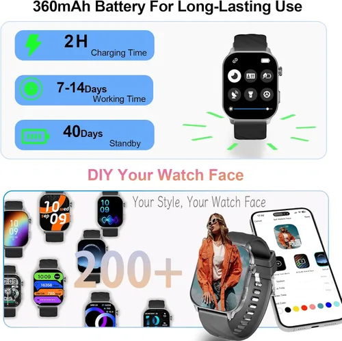 Vista 6 de Reloj inteligente para hombres y mujeres (respuesta/hacer llamadas), con GPS integrado, pantalla HD de 2.1 pulgadas, monitor de frecuencia