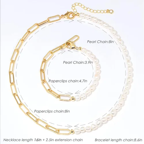 Vista 2 de shownii Collar de perlas naturales para mujer, chapado en oro real de 14 quilates, clip de papel de perlas de agua dulce, collar de cadena