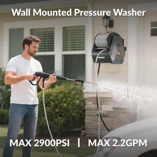 Vista 2 de Giraffe Tools Grandfalls - Hidrolavadora retráctil de montaje en pared Plus, máximo 2900 PSI 2.2 GPM, hidrolavadora eléctrica con manguera