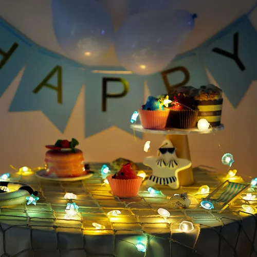 Vista 7 de Guirnalda de luces con temática oceánica, 30 luces LED de hadas de conchas de mar de 10 pies, 1 unidad 8 modos de iluminación, USB y batería