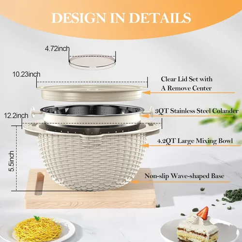 Vista 7 de Colador 4-1 con juego de cuencos, coladores y coladores de alimentos, cuenco para lavar frutas con colador, colador giratorio para cocina, accesorio
