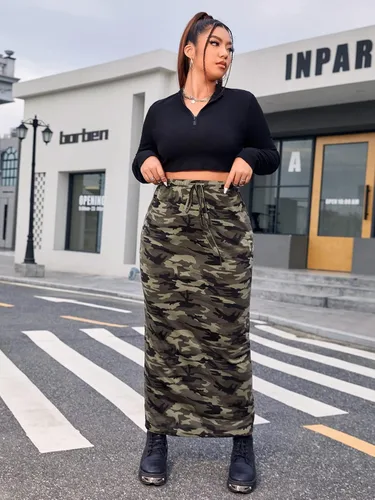 Vista 5 de Verdusa Falda larga casual con cordón de cintura alta con estampado de camuflaje para mujer