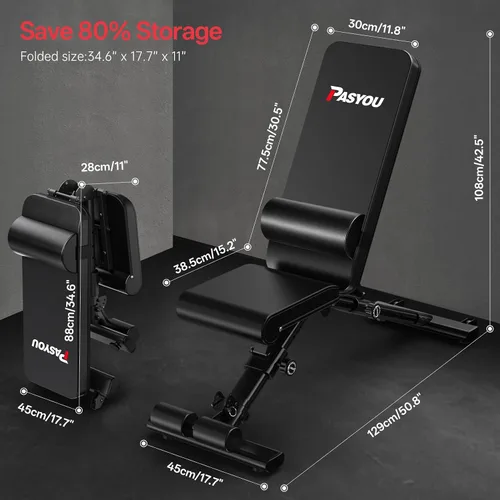 Vista 7 de PASYOU Adjustable Weight Bench, 660LB Foldable Workout Bench for Home Gym, Incline Flat Bench Press for Full Body Workout, Dual-Frame Strength