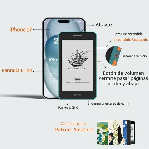 Vista 7 de OBOOK5 eReader, pantalla de 4.26" sin reflejos, 32G, cambios de página rápidos, luz frontal ajustable, semanas de duración de la batería, audiolibros