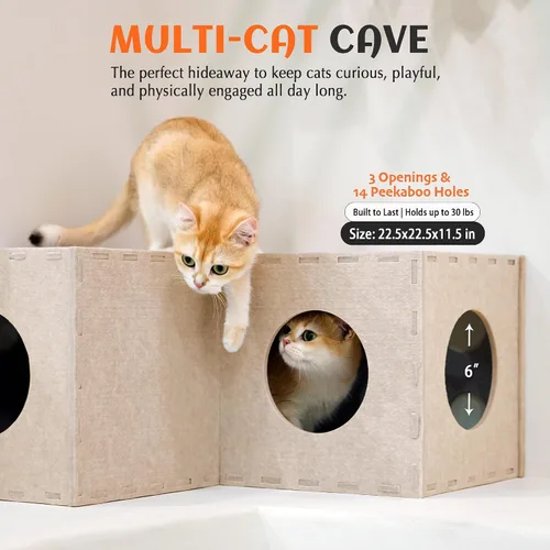 Vista 3 de PETKARAY Túnel para gatos, cueva original para gatos de interior, tubos y túneles de juego para gatitos grandes, juguete de fieltro suave con Beige