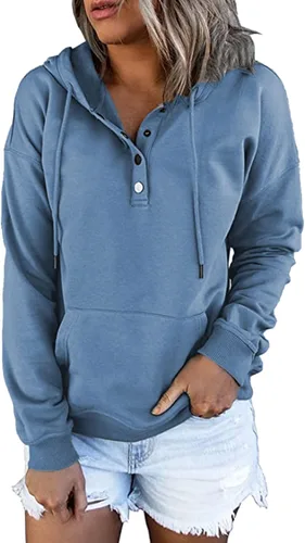 Vista 24 de NEYOUQE Sudaderas de moda para mujer, para otoño e invierno, con botones de un cuarto, sudaderas casuales de moda con cuello redondo
