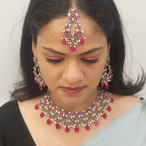 Vista 4 de Efulgenz Jewelry Sets for Women Necklace Earrings and Maangtikka Bohemian Indian Oxidized Vintage Bridal Sets Faux Pearl Kundan Choker Necklace