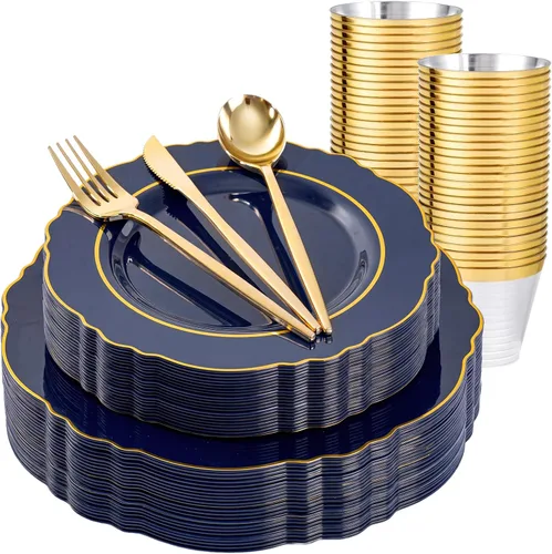 Vista 14 de Liacere 150 platos de plástico, cubiertos de plástico dorado con mango rosa, platos desechables color rosa incluyen 30 platos, tenedores, cucharas