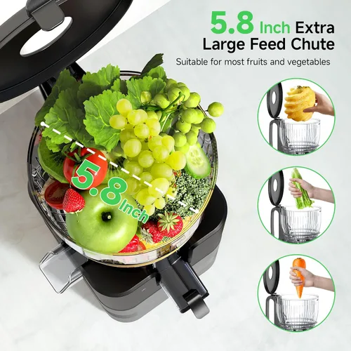 Vista 3 de Exprimidor de prensa en frío de 400 W, conducto de alimentación de 5.8 pulgadas de ancho, máquina exprimidora lenta para frutas y verduras enteras