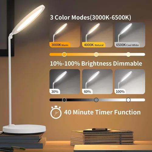 Vista 6 de Lámpara de escritorio LED con brazo oscilante y cuello flexible, lámpara de mesa 3CCT para el hogar, oficina, dormitorio universitario, lámpara alta