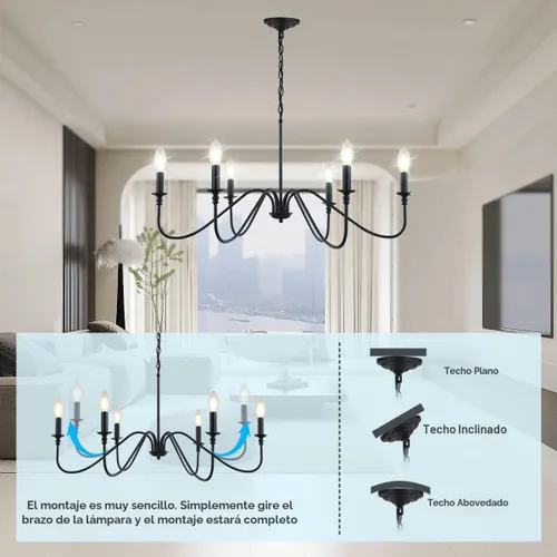 Vista 6 de Candelabro negro, 6 luces rústicas industriales de hierro para comedor, accesorios de iluminación colgantes, velas colgantes, pasillo, sala