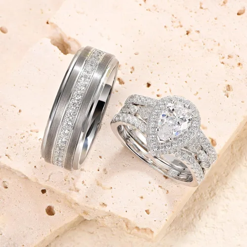 Vista 3 de Newshe Jewellery Juego de anillos de boda para él y ella, anillos de promesa AAAAA para parejas, mujeres, hombres, banda en forma de pera, talla 5-13