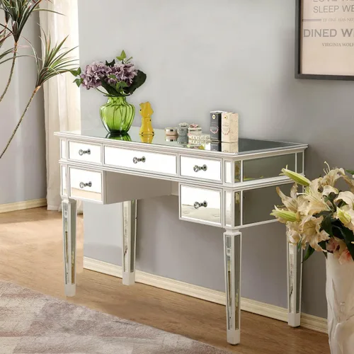 Vista 8 de Mesa de consola espejada, mesa de tocador de maquillaje con espejo de vidrio plateado para mujer, escritorio de escritura para el hogar, sala
