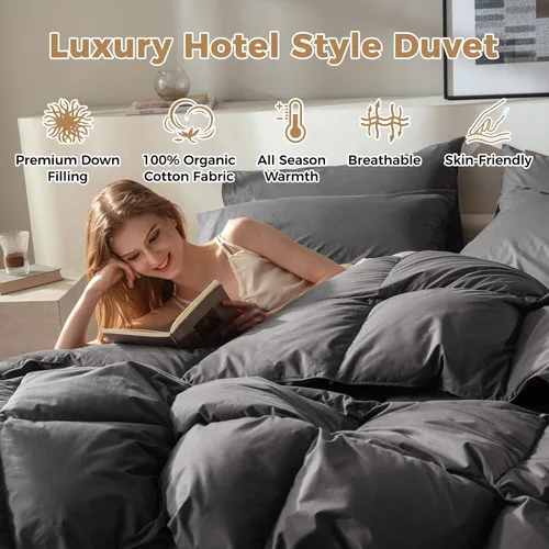 Vista 2 de Edredón de Plumas Tamaño Full, Edredón de Cama Estilo Hotel, 750+ Poder de Relleno, 1200TC, Tela de Algodón 100% Orgánico, Inserto de Edredón Gris