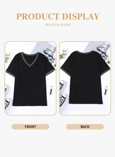 Vista 57 de Eytino Blusas de talla grande para mujer, cuello en V, manga corta, a rayas, casual, holgada, con bolsillo (1X-5X)