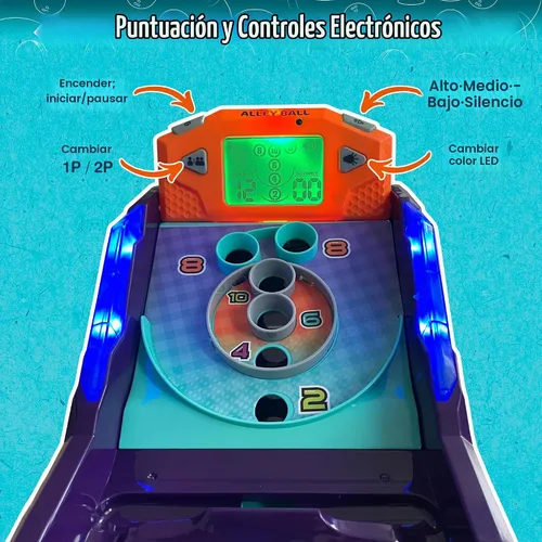 Vista 4 de Juego de Bola de Callejón — Juego de Mesa Electrónico de Rodar y Puntuar, Puntuación Automática con Luces y Sonido, Lanzador con Manija — 1-2