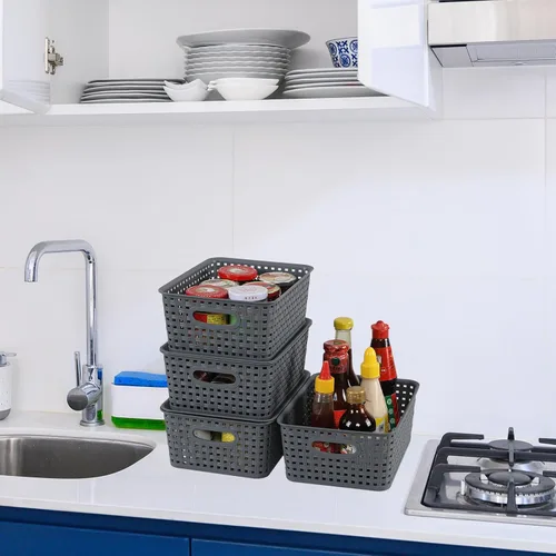 Vista 6 de Paquete de 6 cestas pequeñas de plástico, cesta de almacenamiento tejida con tapa, apilable, color gris