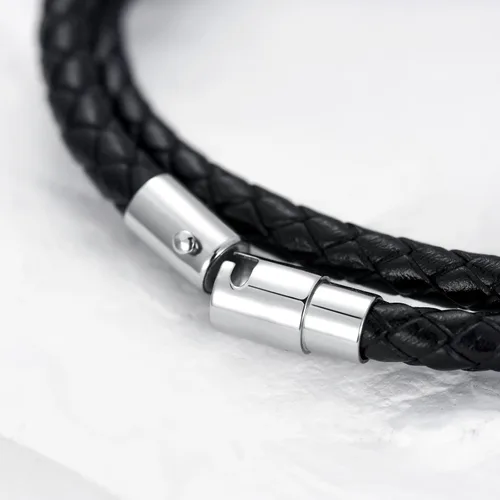 Vista 3 de KXJ Pulsera de cuero italiano para hombres y mujeres, genuina, doble envoltura, negromarrónrojo, brazalete de cuero trenzado con cierre magnético