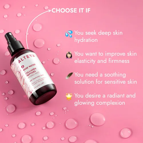 Vista 2 de Alteya Organics Tónico facial de agua de rosas, con péptidos de colágeno y ácido hialurónico, niebla facial hidratante para piel antienvejecimiento