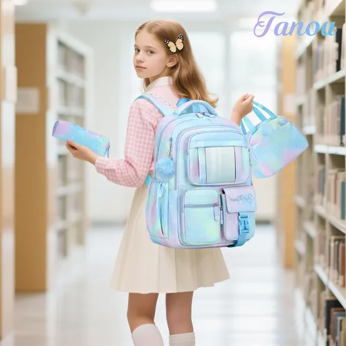 Vista 2 de Tanou Mochila con lonchera para niñas, juego de mochila escolar kawaii para niños de escuela primaria, bolsa estética para computadora portátil