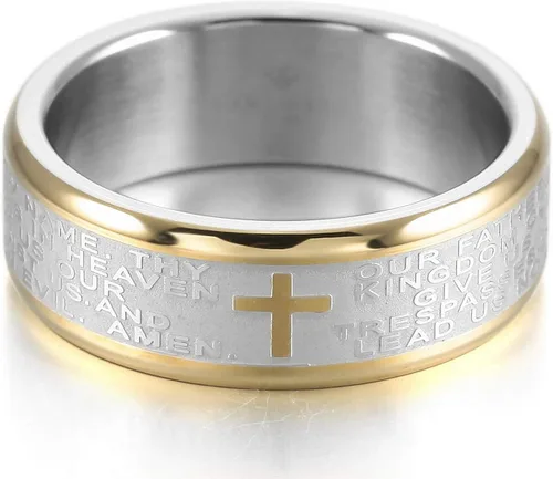 Vista 2 de MOWOM - Anillo de acero inoxidable de dos tonos de plata y oro con cruz de la Biblia Lords