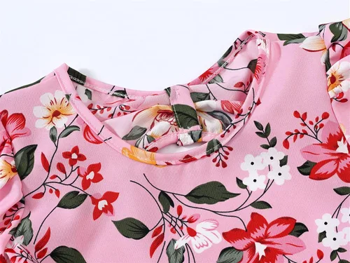 Vista 4 de SANGTREE Vestido floral de manga corta con corte en la espalda para niñas, 3-14 años