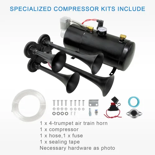 Vista 3 de Kit de bocinas de tren de 150DB con 4 trompetas, súper fuerte con compresor de aire de 150 PSI 12V, tanque compresor de bocina de aire