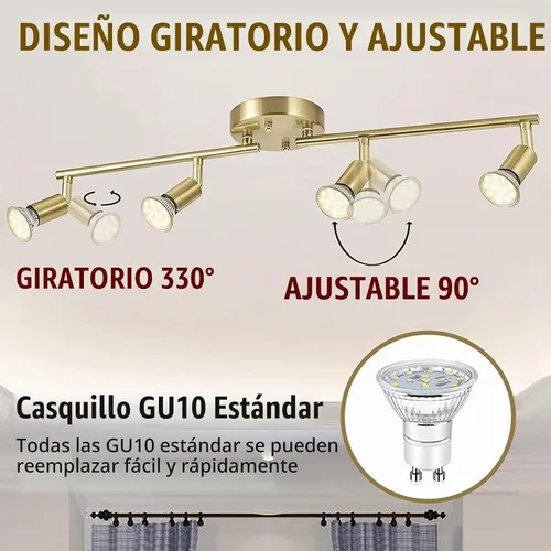 Vista 2 de Kit de iluminación LED de 4 luces, luces de techo doradas de 4 vías, cabezales de luz giratorios flexibles, accesorios de luz plegables para riel