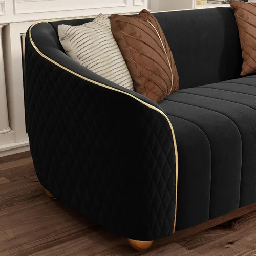 Vista 8 de Sofá de lujo de terciopelo retro de 3 plazas, cómodo sofá biplaza tapizado de terciopelo de 86 pulgadas con patas y almohadas de metal dorado, sofá