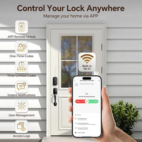 Vista 4 de Ulecoce Cerradura de puerta inteligente WiFi para puerta delantera, cerradura de puerta de entrada sin llave con control de aplicación, juego