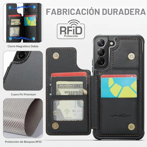Vista 2 de Vinich Funda tipo cartera para Samsung Galaxy S22 con tarjetero, bloqueo RFID, ranuras de crédito, función atril, a prueba de golpes, para Galaxy