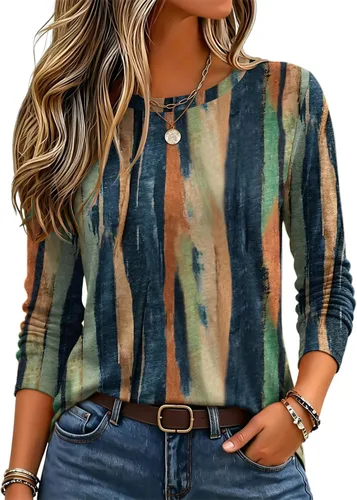 Vista 42 de Zeagoo Paquete de 3 camisetas de manga larga para mujer, estilo casual, suave, cuello redondo, básicas, ropa de otoño Z Rayas Azul 273