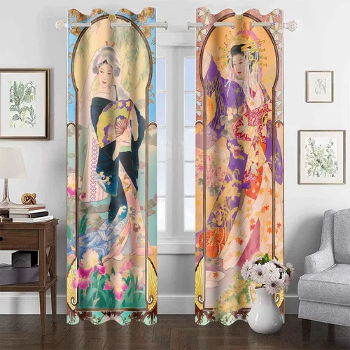 Vista 6 de Art Nouveau - Cortinas opacas de geisha japonesa de verano, serie de temporada de otoño, cortina estilo pintura al óleo, montaje en flor de cerezo