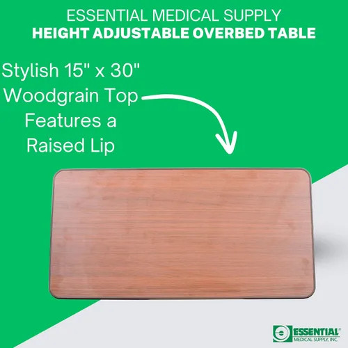 Vista 6 de Essential Medical Supply Mesa automática de altura ajustable para colocar sobre la cama, parte superior de madera con ruedas de bloqueo, perfecta