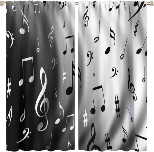 Vista 21 de Cortinas de notas musicales, blanco y negro, instrumento musical, canción, arte de canción, opacas, para ventana, dormitorio, sala de estar