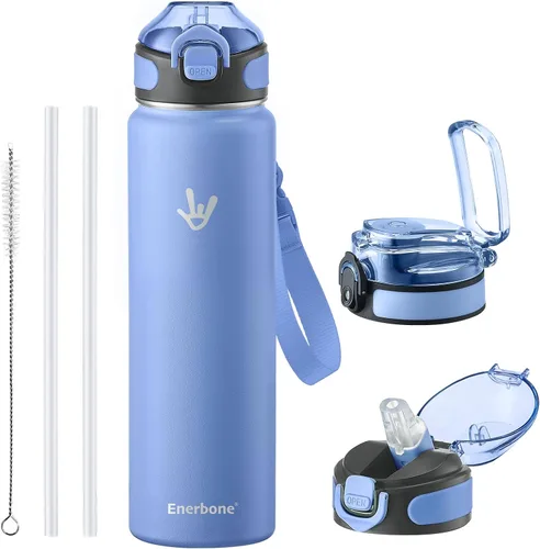 Vista 14 de Enerbone Botella de agua aislada de 24 onzas, 2 tapas de 24 onzas (con pajilla / sin pajilla), frasco de doble pared de acero inoxidable