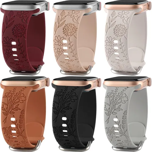 Vista 12 de Paquete de 6 correas de silicona grabadas con estampado floral compatibles con Apple Watch de 1.575 in 1.614 in 1.496 in 1.654 in 1.732 in 1.772 in