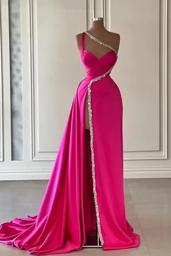 Vista 2 de Vestido de fiesta con cuello en V y un hombro para mujer, vestido de noche brillante con sirena dividida, vestido formal con tren DR0333
