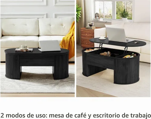 Vista 5 de QHITTY Mesa de Centro de Café Acanalada con Tapa Elevable, Mesa de Centro de Café Ovalada de Madera con Tapa Elevable y Compartimento Oculto, Mesas